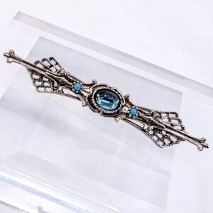 Vintage ART Filigree Bar Pin Blue Cabochon Brooch Silver Tone Victorian Revival